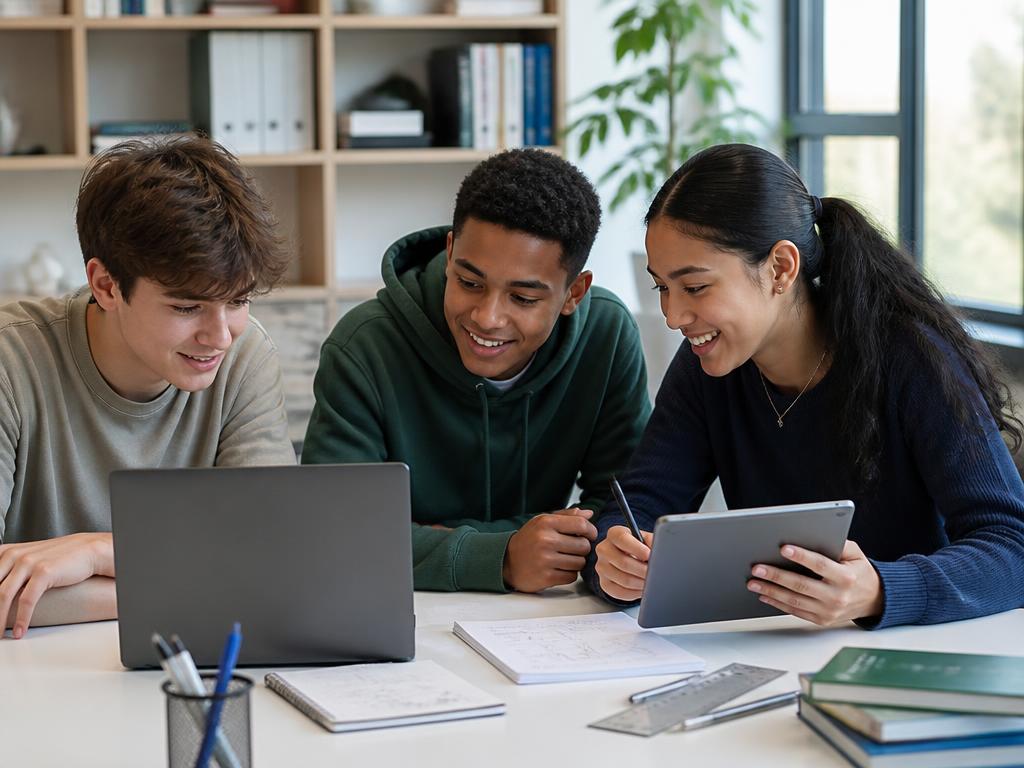Three teenagers creating a geometry solution together using a laptop and tablet